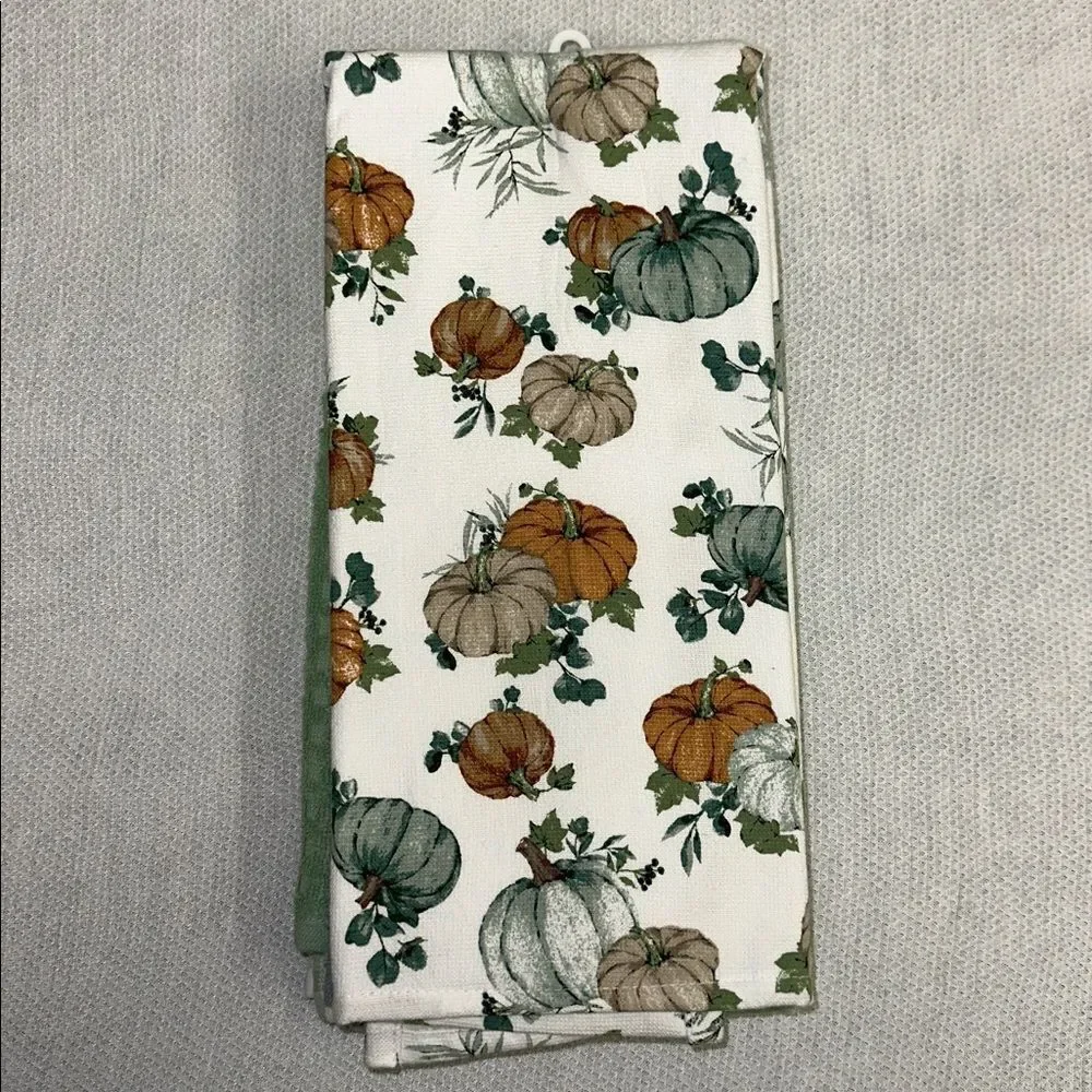 WDH White Blue Green Cotton Fall Harvest Pumpkin Kitchen Towels